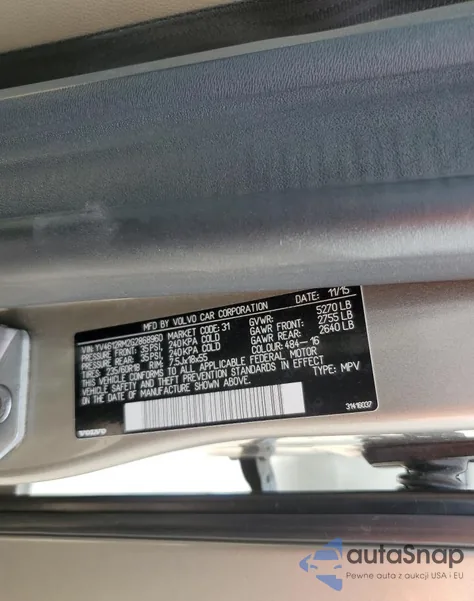 2016 Volvo Xc60 T5 Platinum из США, поврежденный, VIN YV4612RM2G2868960